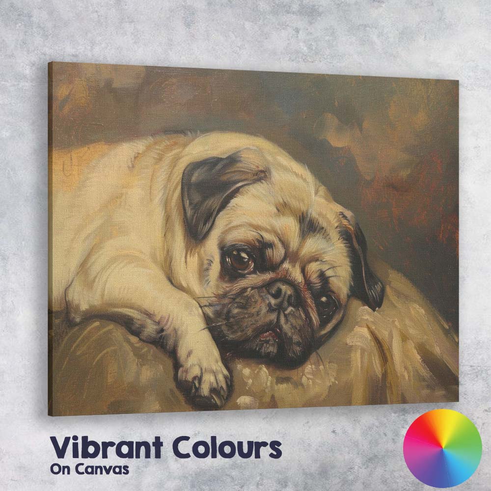 Sleepy Pug Dog Portrait Warm Neutral Toned Animal Painting Canvas Wall Art Print Decor Picture Ready to Hang