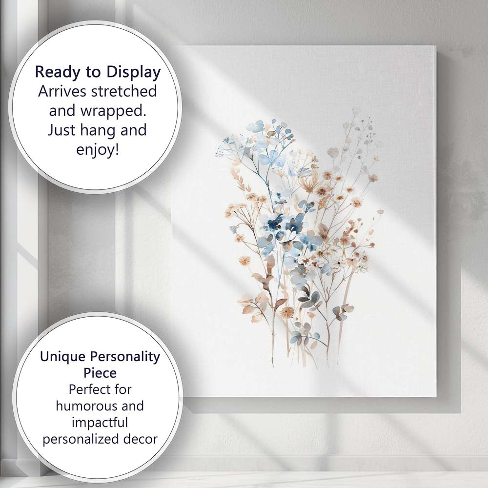 Soft Blue Wildflower Meadow Bouquet Watercolour Botanical Canvas Wall Art Print Decor Picture Ready to Hang