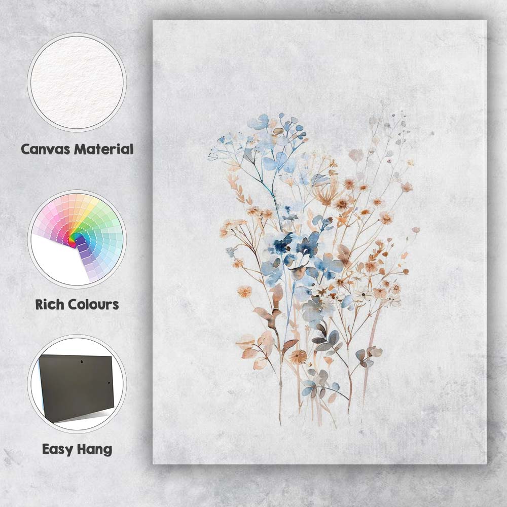 Soft Blue Wildflower Meadow Bouquet Watercolour Botanical Canvas Wall Art Print Decor Picture Ready to Hang