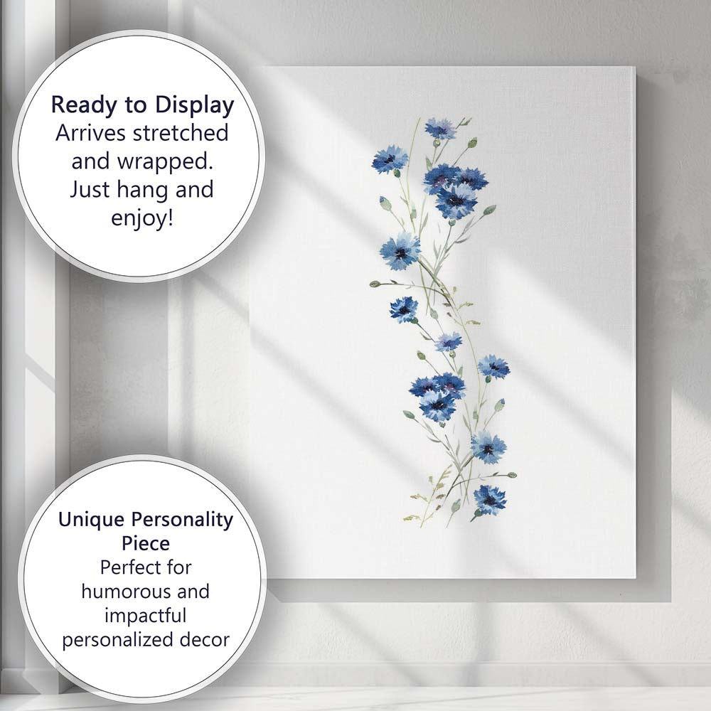 Delicate Blue Cornflower Stem Watercolour Botanical Canvas Wall Art Print Decor Picture Ready to Hang