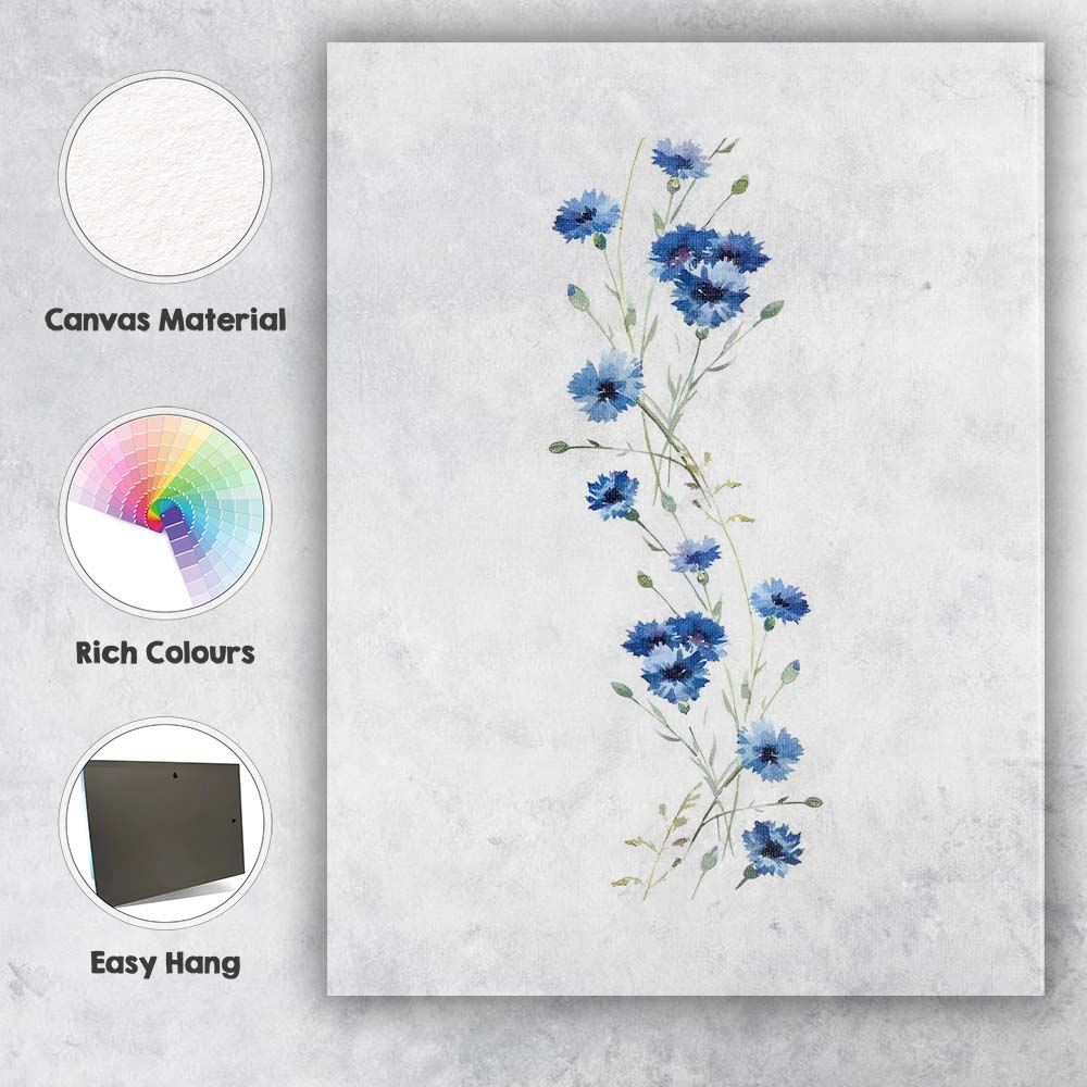 Delicate Blue Cornflower Stem Watercolour Botanical Canvas Wall Art Print Decor Picture Ready to Hang