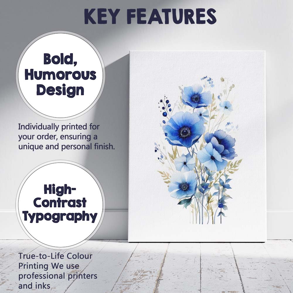 Blue Anemone Wildflower Bouquet Watercolour Botanical Canvas Wall Art Print Decor Picture Ready to Hang