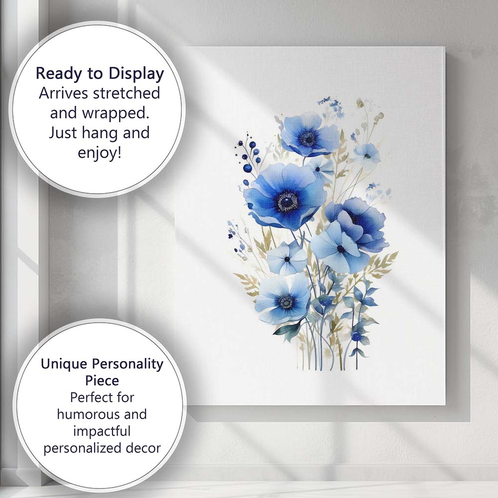 Blue Anemone Wildflower Bouquet Watercolour Botanical Canvas Wall Art Print Decor Picture Ready to Hang