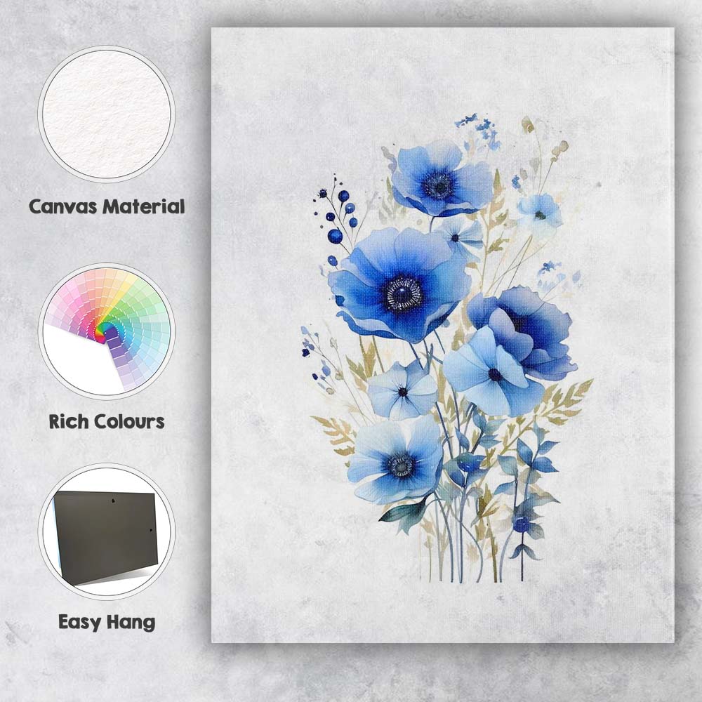 Blue Anemone Wildflower Bouquet Watercolour Botanical Canvas Wall Art Print Decor Picture Ready to Hang