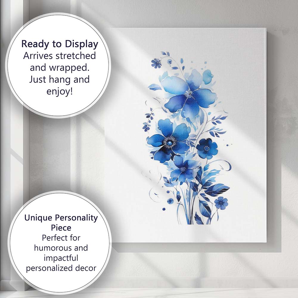 Modern Blue Floral Botanical Watercolour Arrangement Canvas Wall Art Print Decor Picture Ready to Hang