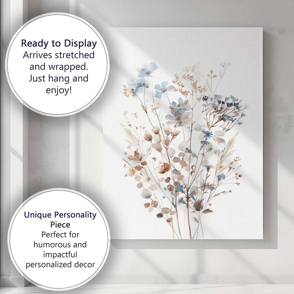 Soft Blue Wildflower Meadow Watercolour Botanical Bouquet Canvas Wall Art Print Decor Picture Ready to Hang