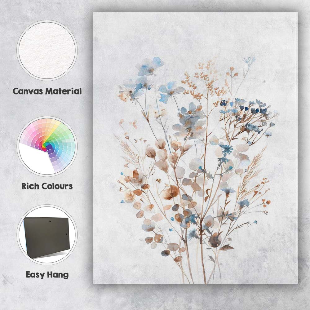 Soft Blue Wildflower Meadow Watercolour Botanical Bouquet Canvas Wall Art Print Decor Picture Ready to Hang