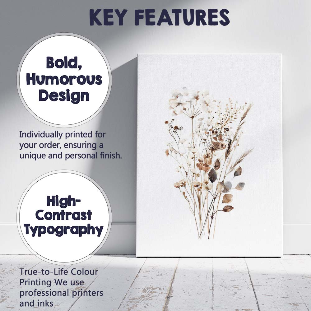 Neutral White Wildflower Meadow Watercolour Botanical Arrangement Canvas Wall Art Print Decor Picture Ready to Hang