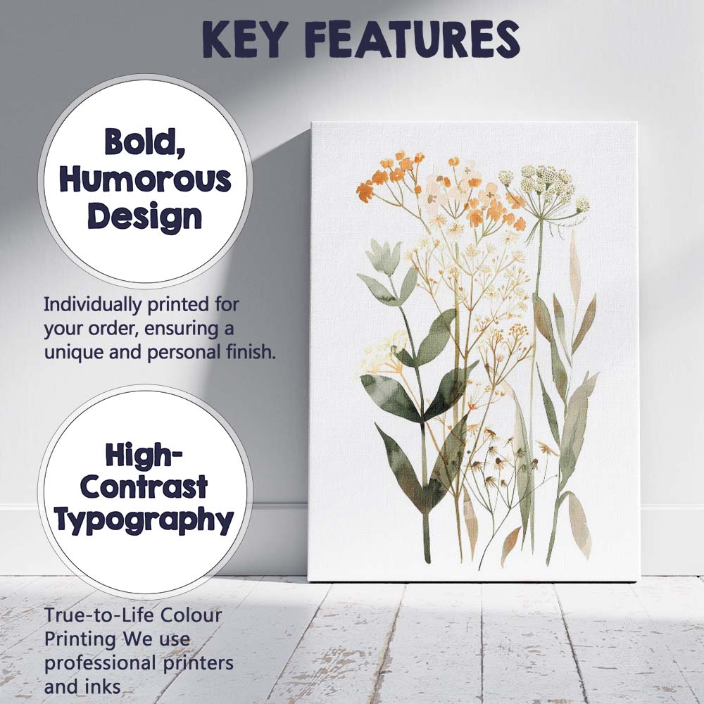 Orange Wildflower Green Botanical Watercolour Floral Arrangement Canvas Wall Art Print Decor Picture Ready to Hang