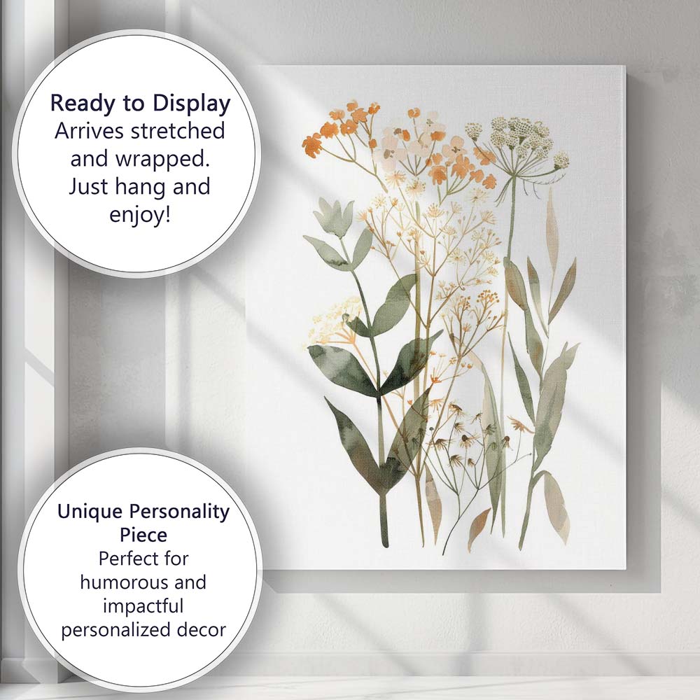 Orange Wildflower Green Botanical Watercolour Floral Arrangement Canvas Wall Art Print Decor Picture Ready to Hang