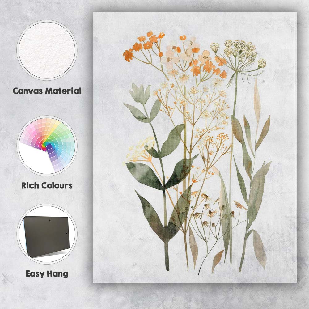 Orange Wildflower Green Botanical Watercolour Floral Arrangement Canvas Wall Art Print Decor Picture Ready to Hang
