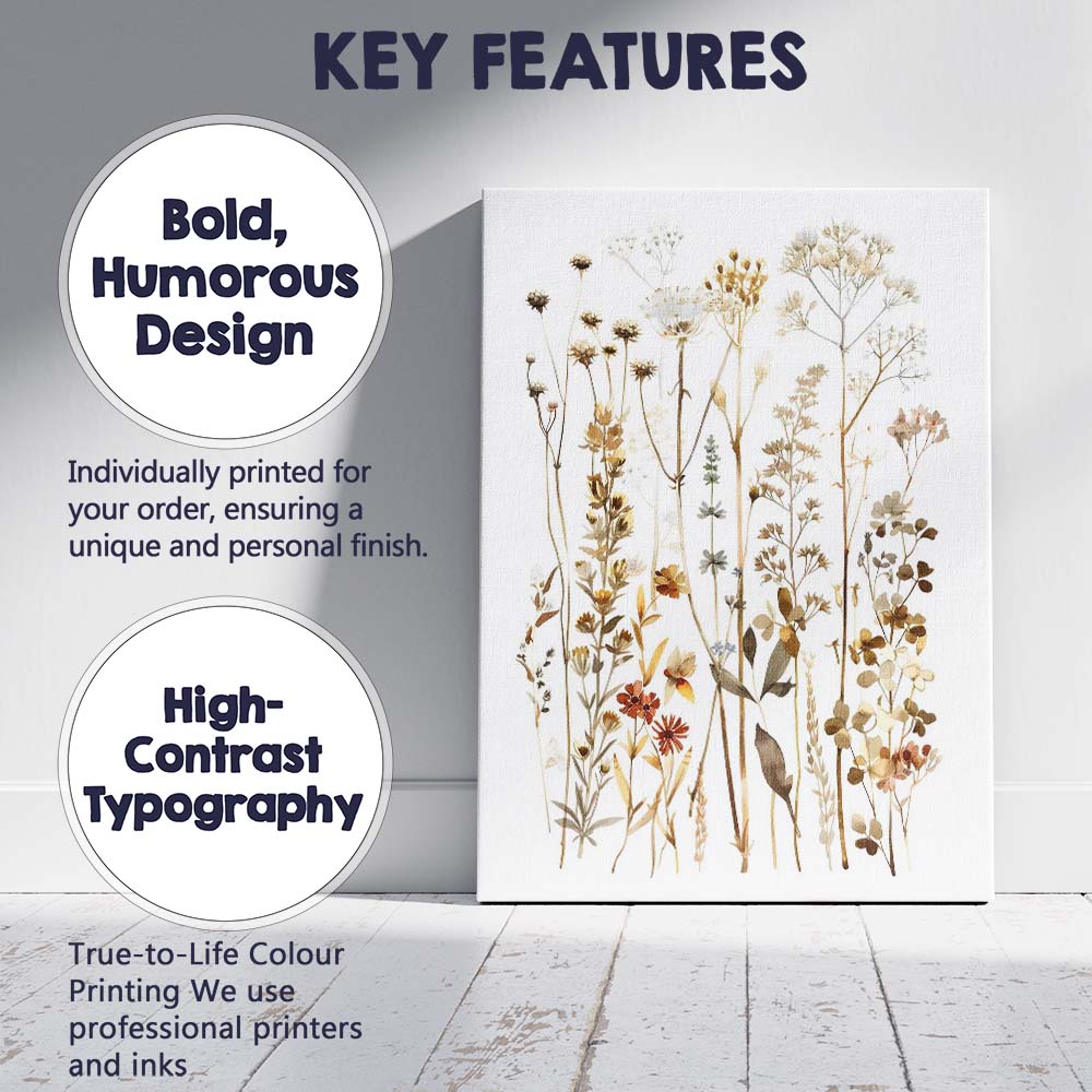 Neutral Wildflower Botanical Collection Watercolour Meadow Illustration Canvas Wall Art Print Decor Picture Ready to Hang