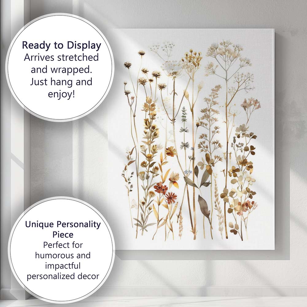 Neutral Wildflower Botanical Collection Watercolour Meadow Illustration Canvas Wall Art Print Decor Picture Ready to Hang