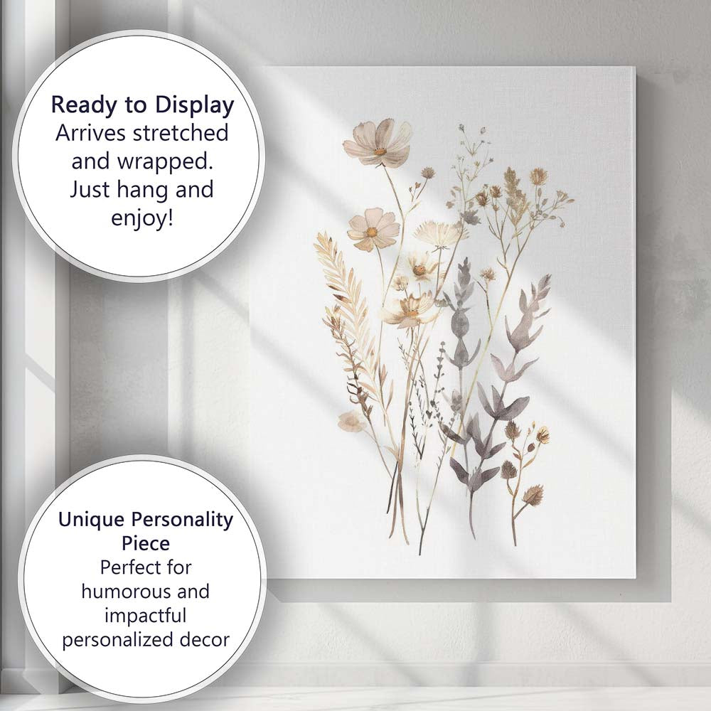 Minimal Cream Cosmos Wildflower Watercolour Botanical Bouquet Canvas Wall Art Print Decor Picture Ready to Hang