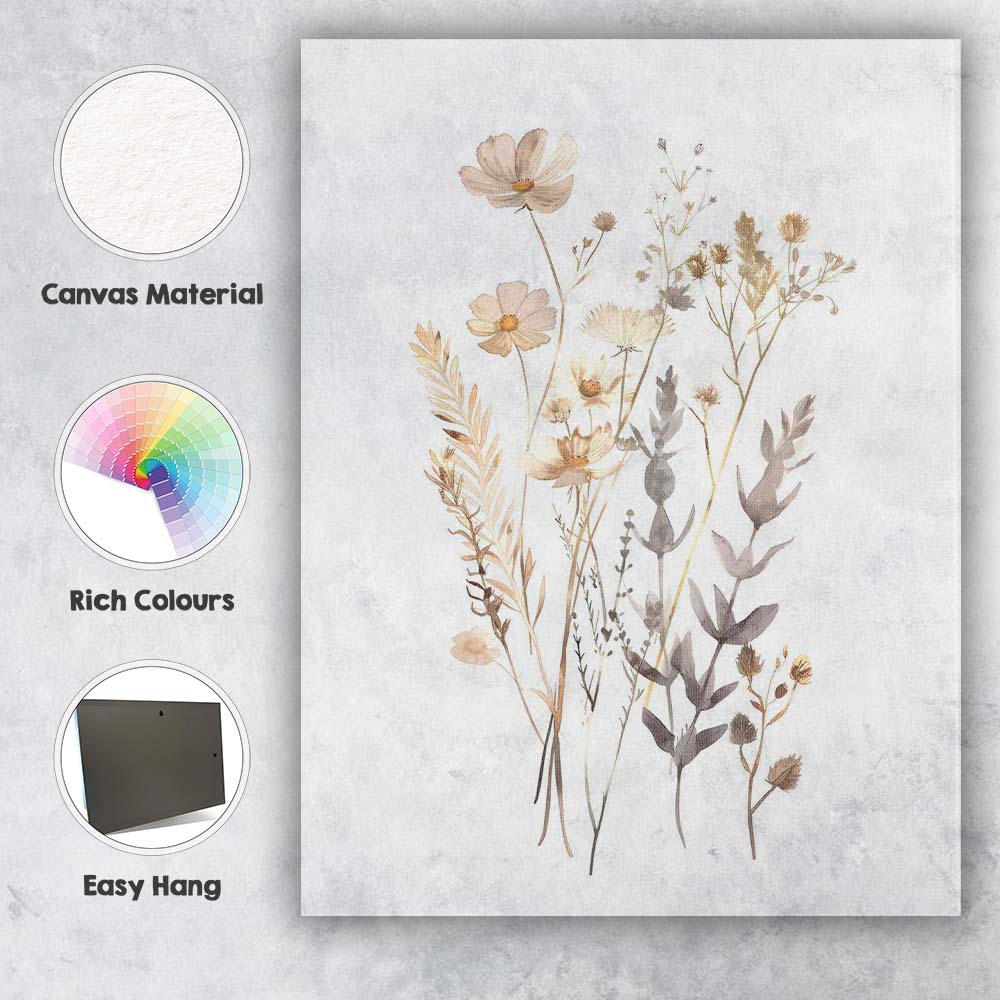 Minimal Cream Cosmos Wildflower Watercolour Botanical Bouquet Canvas Wall Art Print Decor Picture Ready to Hang