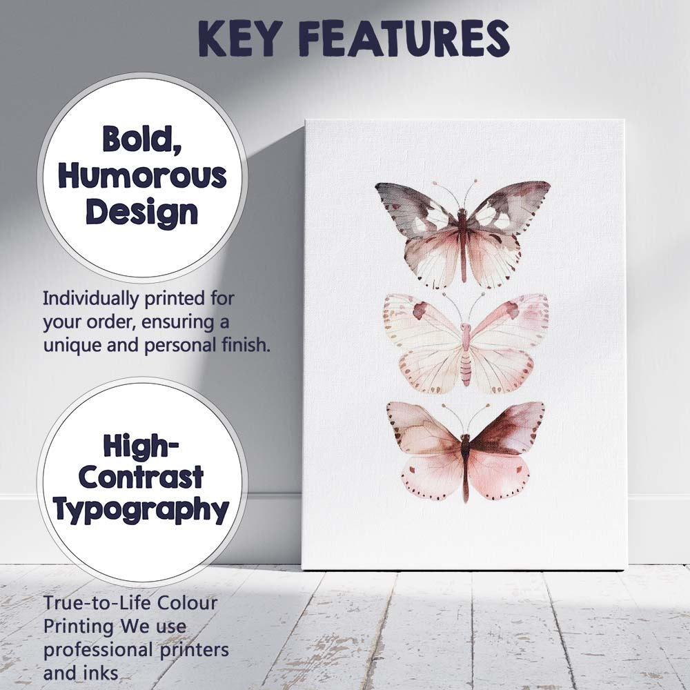 Blush Pink Watercolour Butterfly Trio Nature Illustration Canvas Wall Art Print Decor Picture Ready to Hang