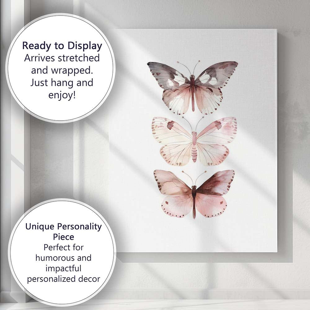 Blush Pink Watercolour Butterfly Trio Nature Illustration Canvas Wall Art Print Decor Picture Ready to Hang