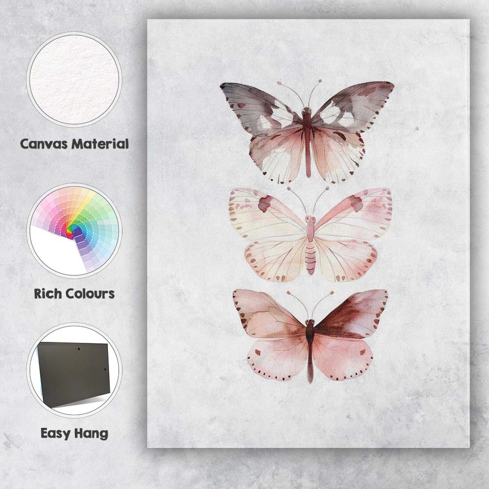 Blush Pink Watercolour Butterfly Trio Nature Illustration Canvas Wall Art Print Decor Picture Ready to Hang