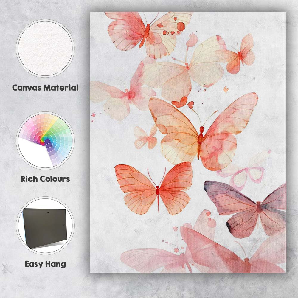 Pastel Pink Butterfly Flight Watercolour Nature Collection Canvas Wall Art Print Decor Picture Ready to Hang