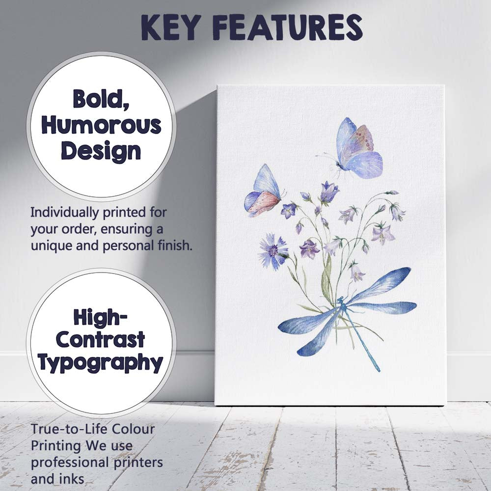 Blue Butterfly Dragonfly Wildflower Watercolour Botanical Nature Canvas Wall Art Print Decor Picture Ready to Hang
