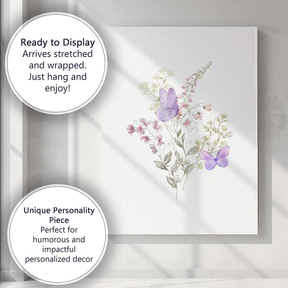 Lavender Butterfly Sweet Pea Wildflower Watercolour Botanical Canvas Wall Art Print Decor Picture Ready to Hang