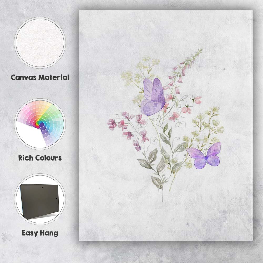 Lavender Butterfly Sweet Pea Wildflower Watercolour Botanical Canvas Wall Art Print Decor Picture Ready to Hang