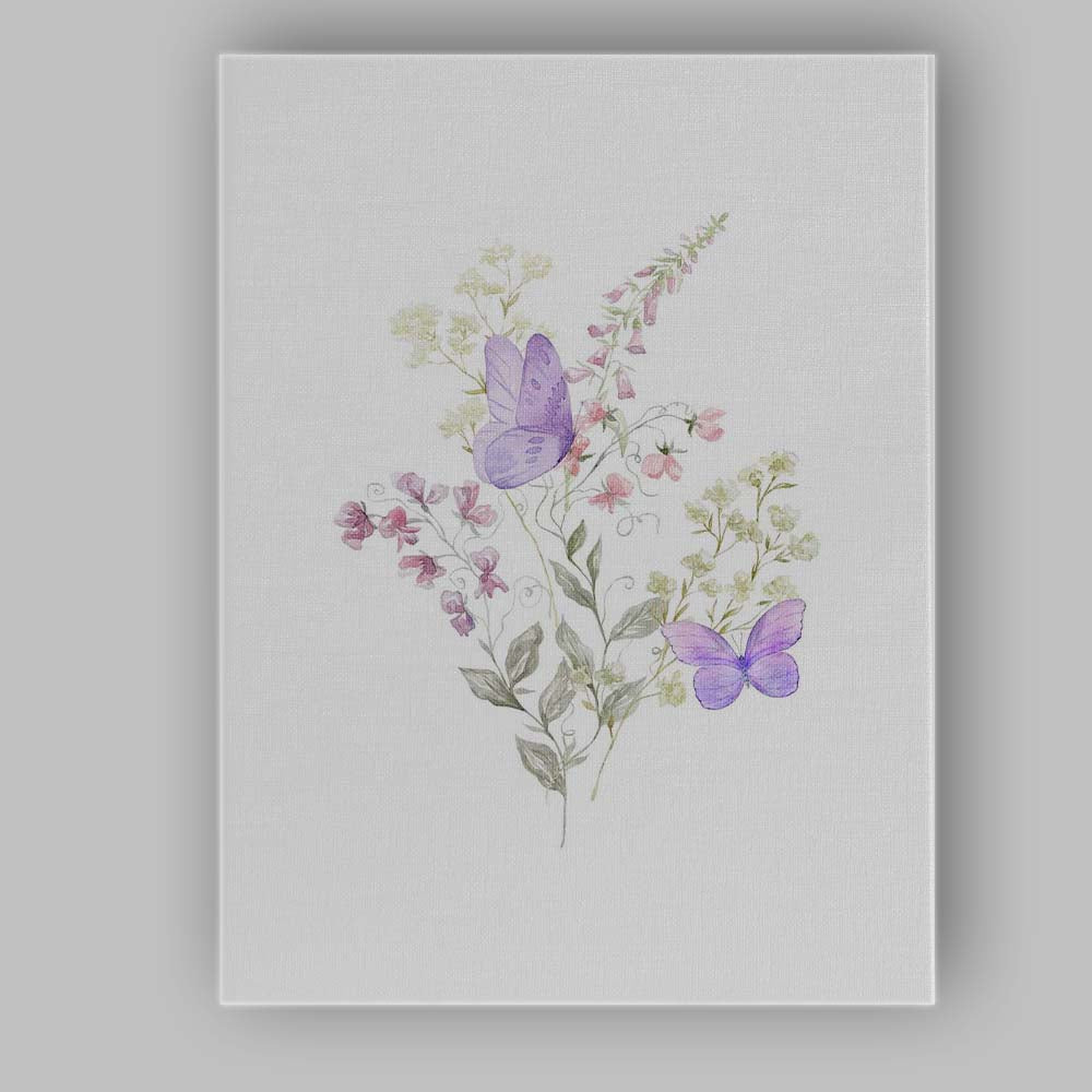 Lavender Butterfly Sweet Pea Wildflower Watercolour Botanical Canvas Wall Art Print Decor Picture Ready to Hang
