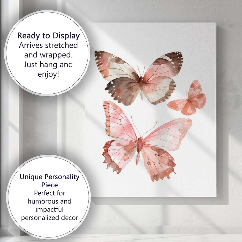 Blush Brown Watercolour Butterfly Trio Canvas Wall Art Print Decor Picture Ready to Hang