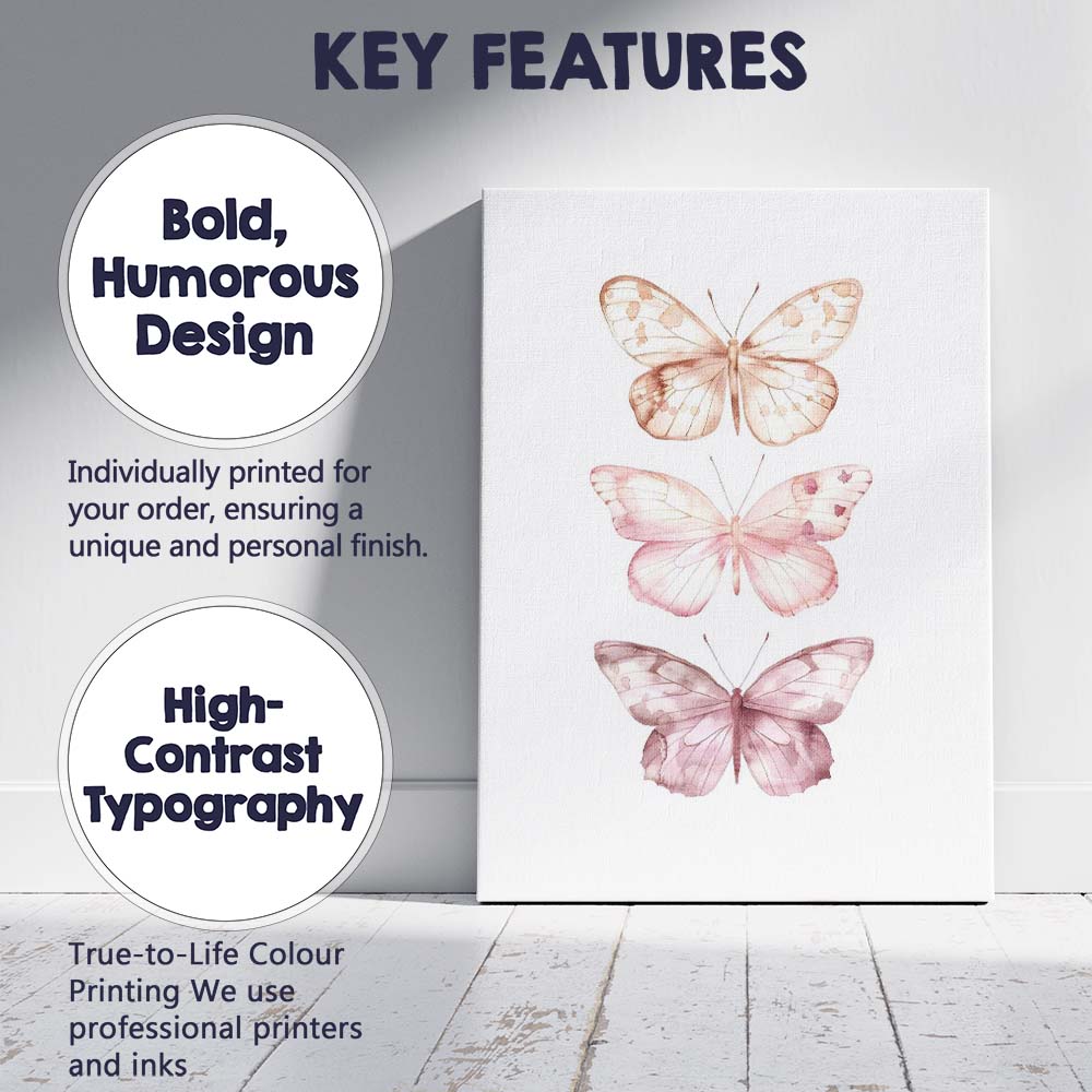 Soft Blush Pink Watercolour Butterfly Trio Canvas Wall Art Print Decor Picture Ready to Hang