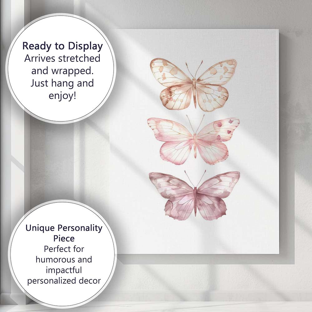 Soft Blush Pink Watercolour Butterfly Trio Canvas Wall Art Print Decor Picture Ready to Hang
