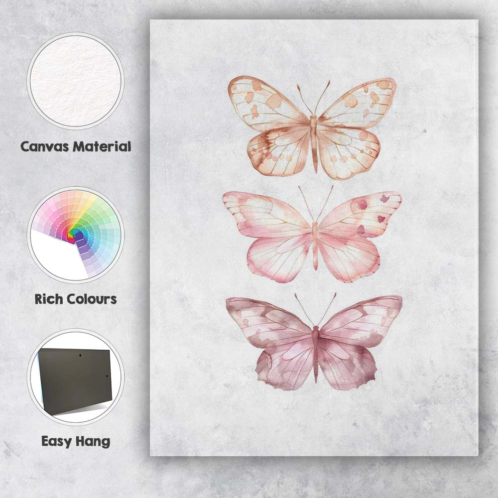 Soft Blush Pink Watercolour Butterfly Trio Canvas Wall Art Print Decor Picture Ready to Hang