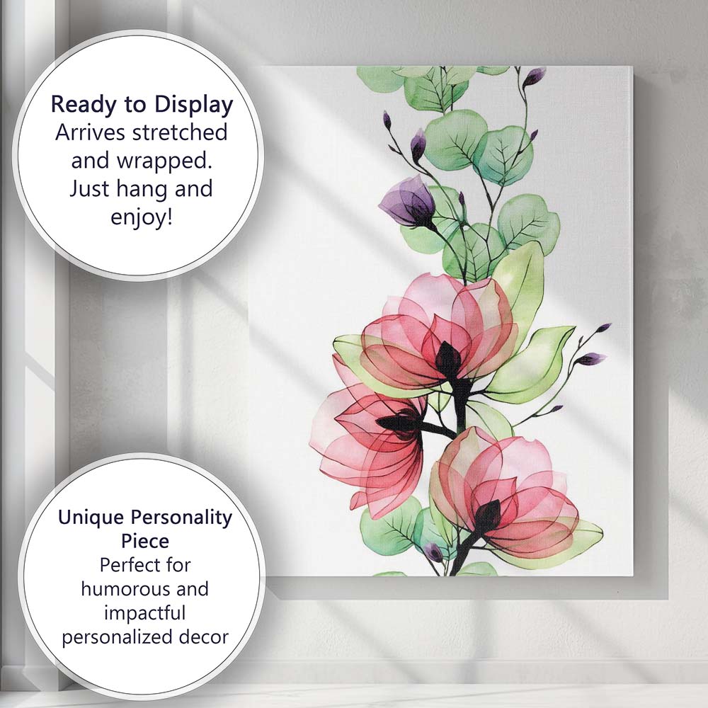 Pink Magnolia Blossom Green Eucalyptus Watercolour Botanical Canvas Wall Art Print Decor Picture Ready to Hang