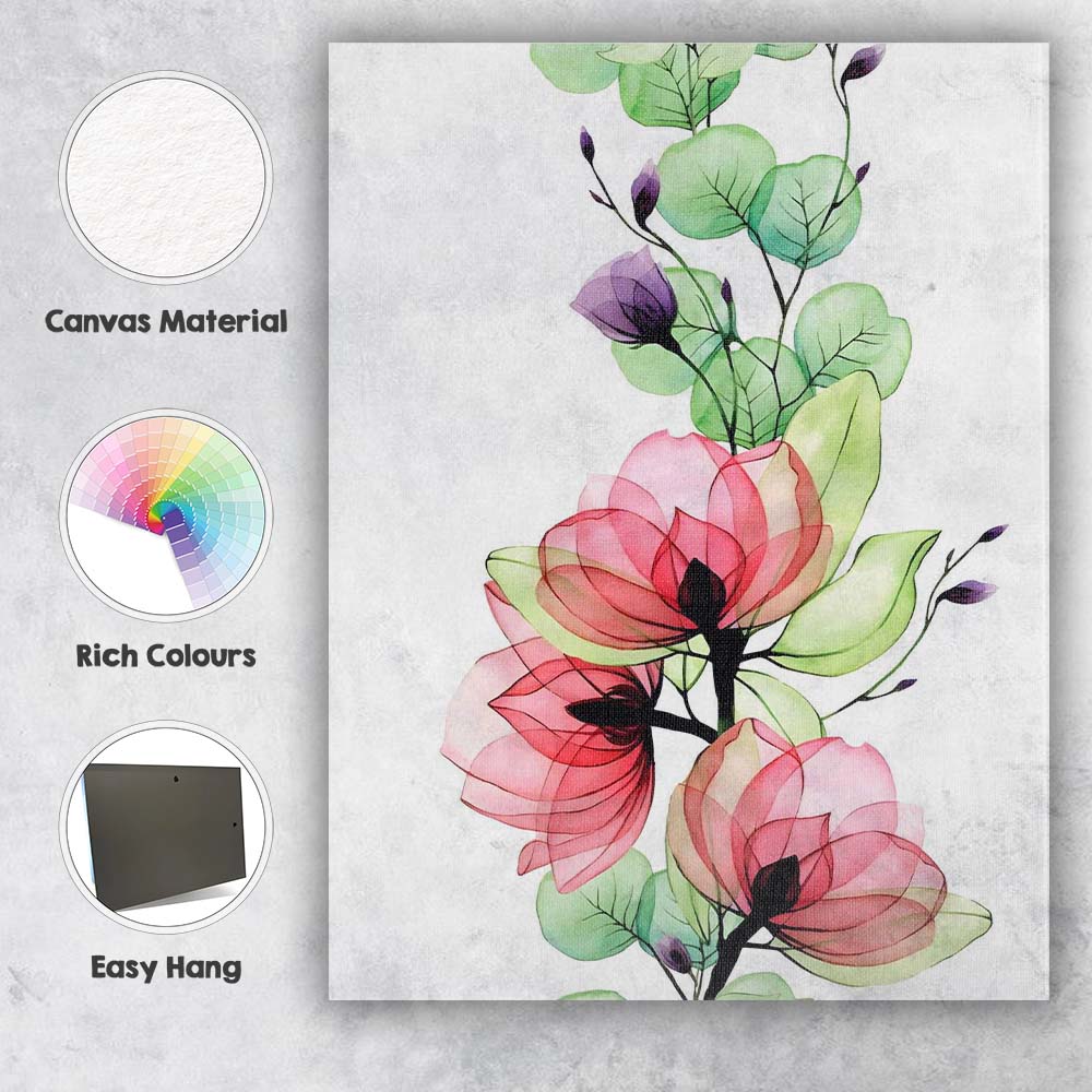 Pink Magnolia Blossom Green Eucalyptus Watercolour Botanical Canvas Wall Art Print Decor Picture Ready to Hang