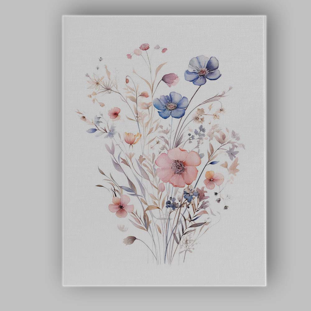 Pastel Blue Pink Wildflower Watercolour Floral Bouquet Canvas Wall Art Print Decor Picture Ready to Hang