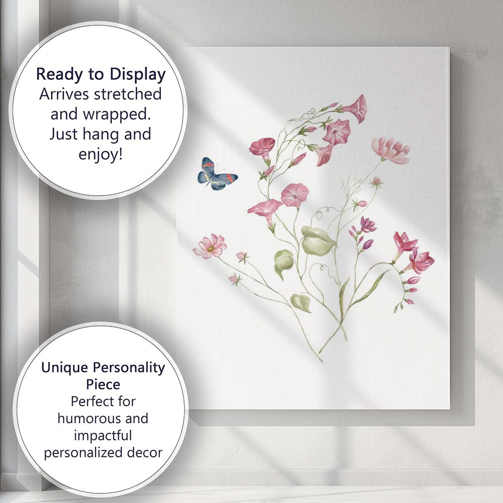 Soft Pink Morning Glory Butterfly Watercolour Wildflower Botanical Canvas Wall Art Print Decor Picture Ready to Hang