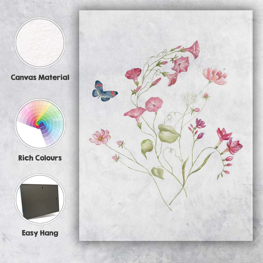 Soft Pink Morning Glory Butterfly Watercolour Wildflower Botanical Canvas Wall Art Print Decor Picture Ready to Hang