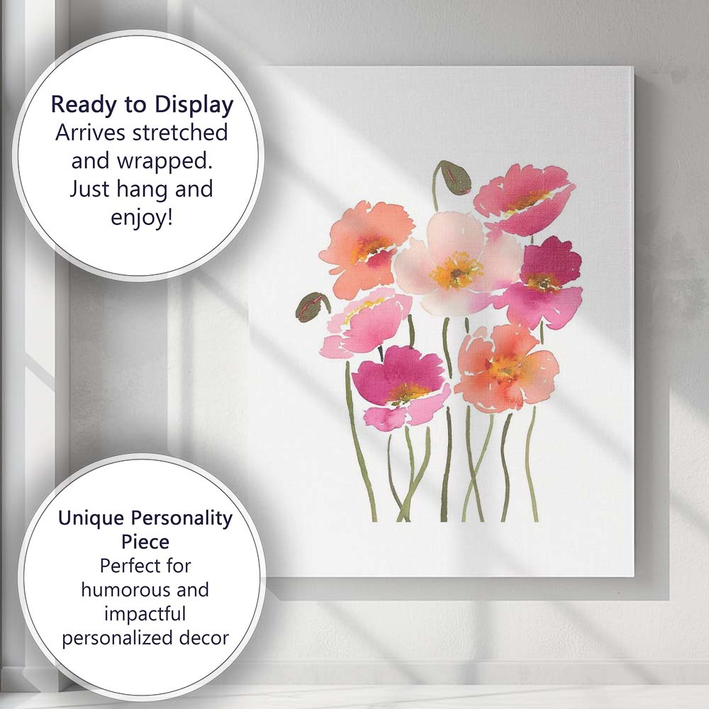 Vibrant Pink Coral Watercolour Poppy Flower Bouquet Canvas Wall Art Print Decor Picture Ready to Hang