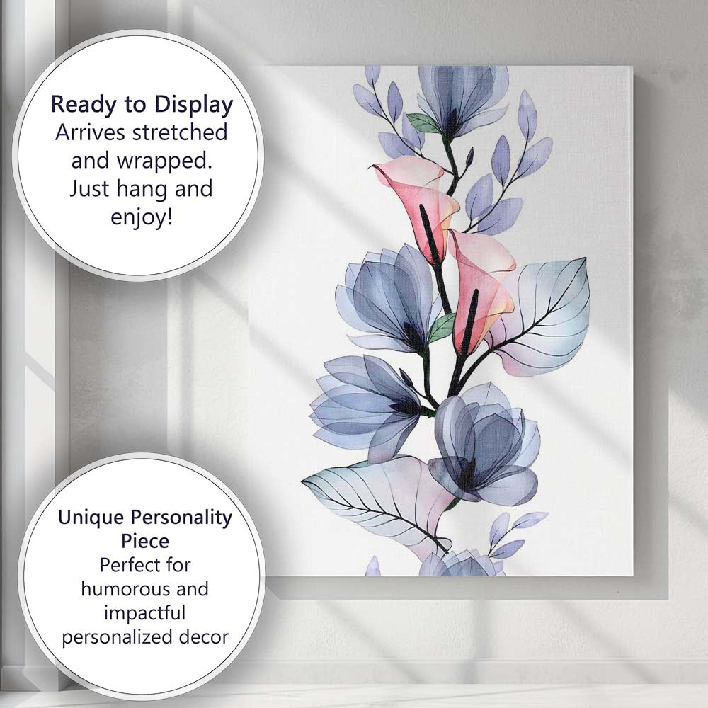 Pastel Pink Calla Lily Blue Magnolia Watercolour Botanical Canvas Wall Art Print Decor Picture Ready to Hang