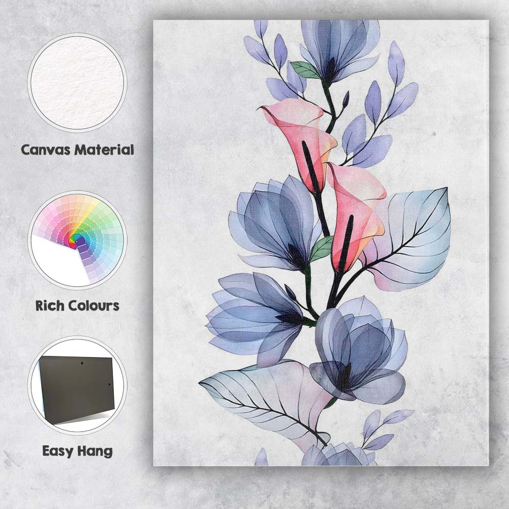 Pastel Pink Calla Lily Blue Magnolia Watercolour Botanical Canvas Wall Art Print Decor Picture Ready to Hang