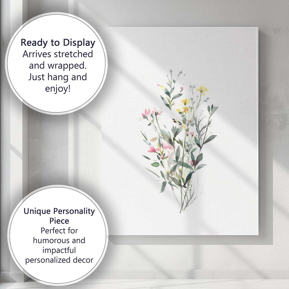 Elegant Pastel Pink Yellow Wildflower Meadow Watercolour Canvas Wall Art Print Decor Picture Ready to Hang