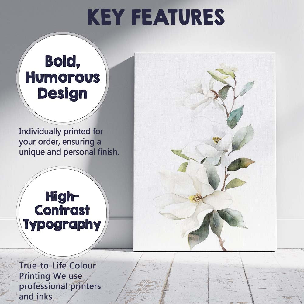 White Magnolia Blossom Botanical Watercolour Branch Canvas Wall Art Print Decor Picture Ready to Hang