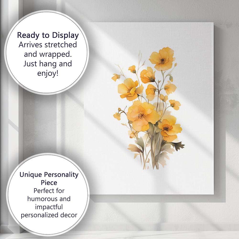 Golden Yellow Poppy Blossom Watercolour Floral Bouquet Canvas Wall Art Print Decor Picture Ready to Hang