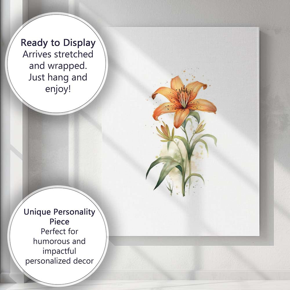Orange Tiger Lily Botanical Watercolour Floral Canvas Wall Art Print Decor Picture Ready to Hang