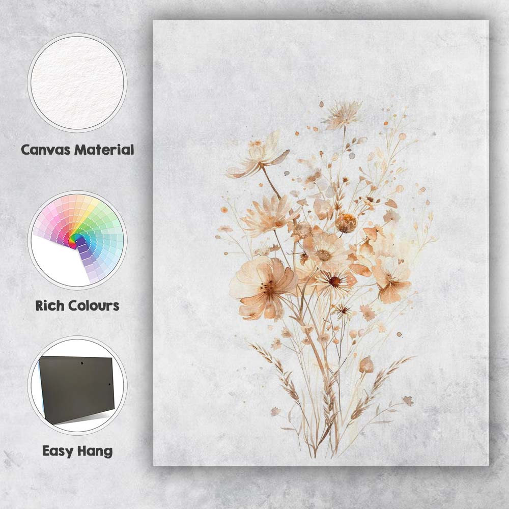 Neutral Beige Wildflower Botanical Watercolour Floral Bouquet Canvas Wall Art Print Decor Picture Ready to Hang