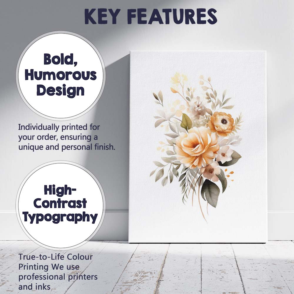 Soft Apricot Rose Botanical Watercolour Floral Bouquet Canvas Wall Art Print Decor Picture Ready to Hang