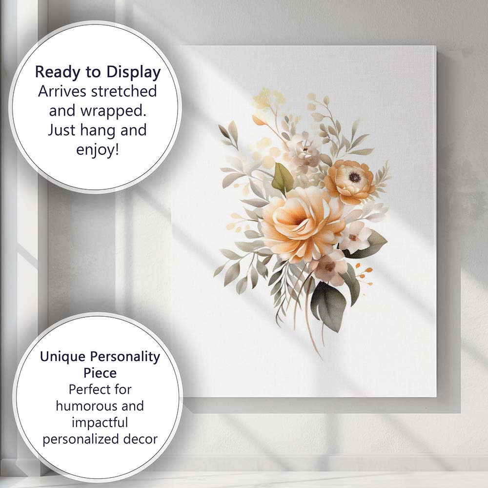 Soft Apricot Rose Botanical Watercolour Floral Bouquet Canvas Wall Art Print Decor Picture Ready to Hang