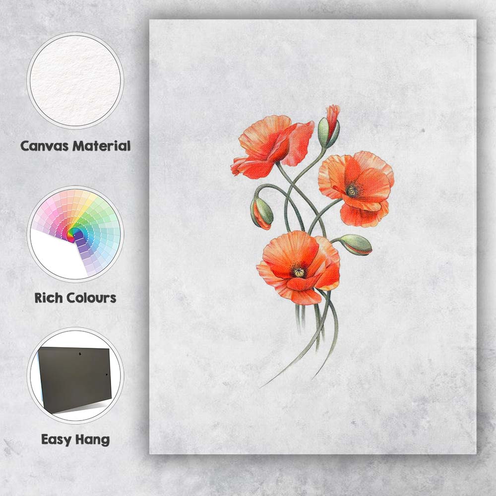Elegant Red Poppy Botanical Watercolour Floral Canvas Wall Art Print Decor Picture Ready to Hang