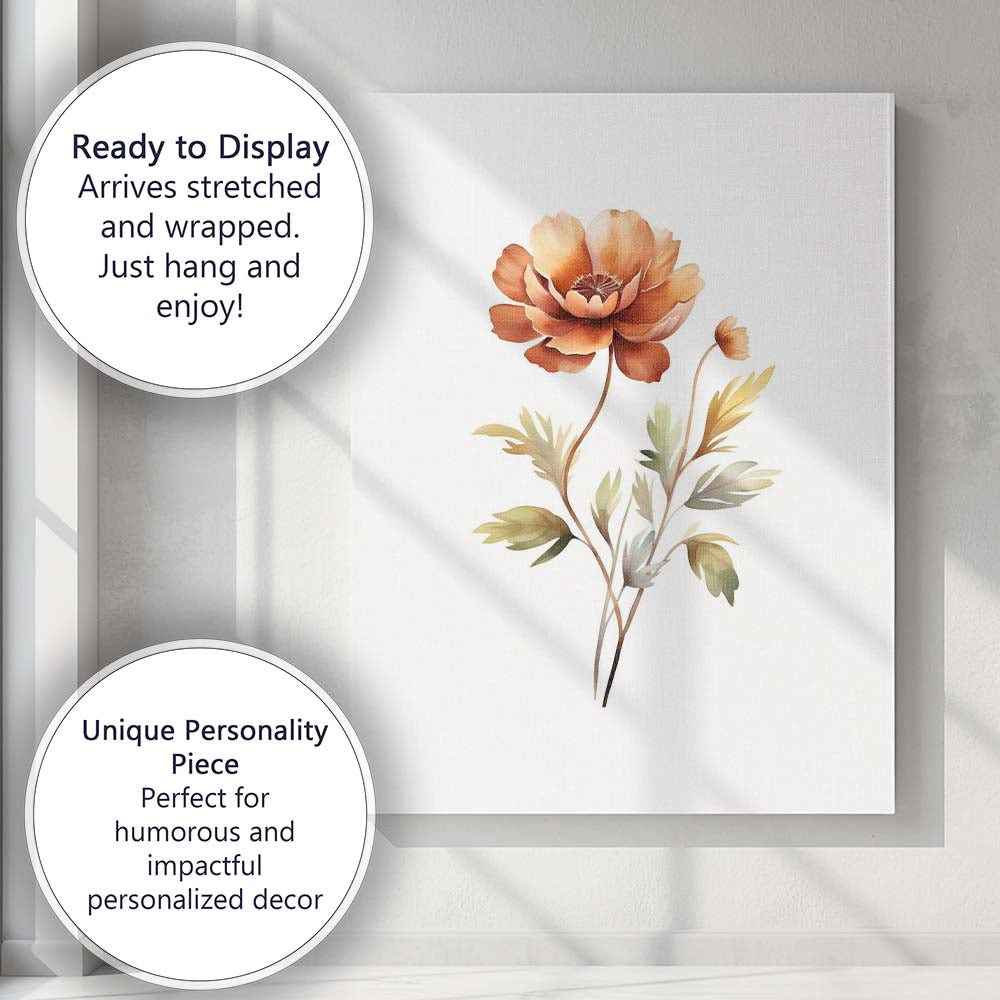 Warm Terracotta Peony Botanical Watercolour Floral Canvas Wall Art Print Decor Picture Ready to Hang