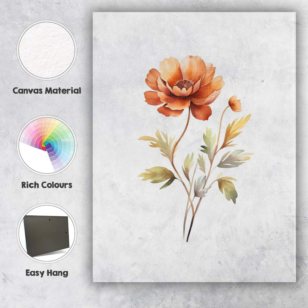 Warm Terracotta Peony Botanical Watercolour Floral Canvas Wall Art Print Decor Picture Ready to Hang