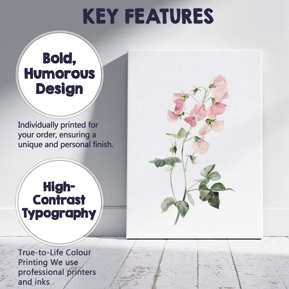 Pastel Pink Sweet Pea Botanical Watercolour Canvas Wall Art Print Decor Picture Ready to Hang